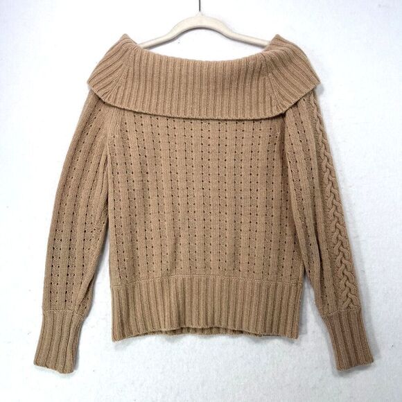 Vtg Banana Republic Sweater XS Tan Y2K Off Shoulder Angora Blend Cable Knit Soft - Picture 2 of 10